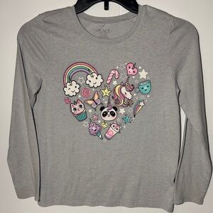 Gray Long Sleeve Tee with Heart Shaped Unicorn Design